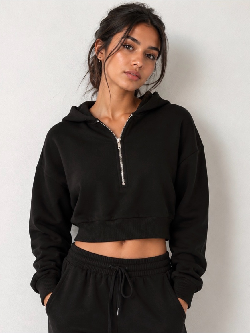 $118 Nwt Weworewhat Half Zip Hoodie - Size Xs Cropped Black Half-Zip Hoodie Top